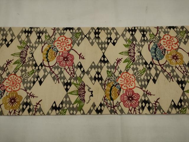 平和屋着物●つけ帯 紬地 型染め 草花文 正絹 逸品 AABJ7086pf
