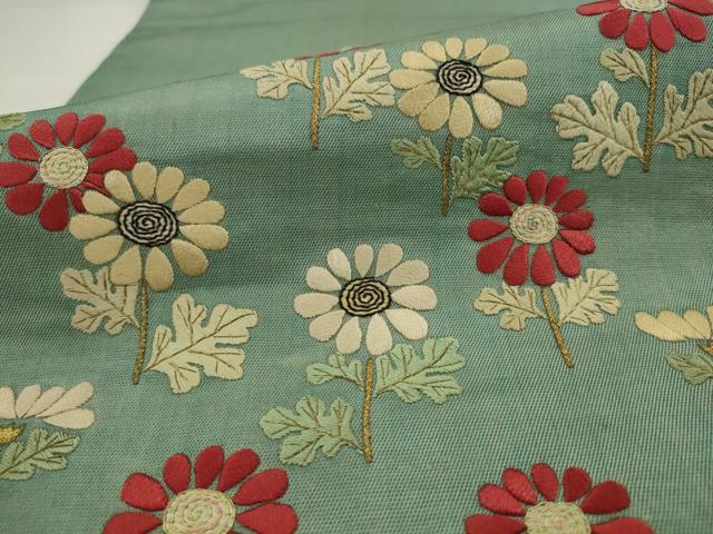 平和屋着物●アンティーク 大正ロマン 九寸名古屋帯 総手刺繍 草花文 金糸 正絹 逸品 AABJ7087pf
