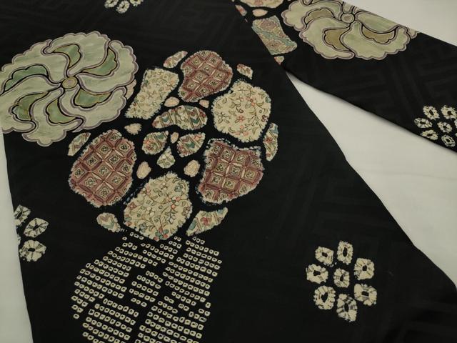 平和屋着物●アンティーク 大正ロマン 九寸名古屋帯 絞り 刺繍 草花文 黒地 正絹 逸品 AABJ7088pf