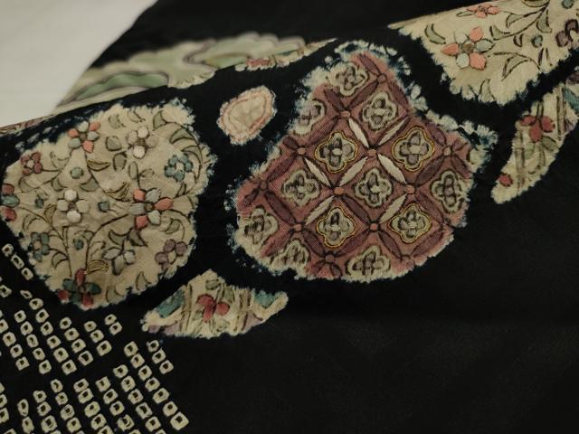平和屋着物●アンティーク 大正ロマン 九寸名古屋帯 絞り 刺繍 草花文 黒地 正絹 逸品 AABJ7088pf