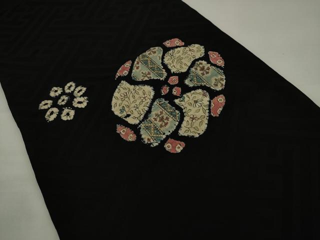 平和屋着物●アンティーク 大正ロマン 九寸名古屋帯 絞り 刺繍 草花文 黒地 正絹 逸品 AABJ7088pf