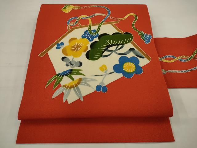 平和屋着物●九寸名古屋帯 型染め 松竹梅 鬼しぼ縮緬 正絹 逸品 AABJ7094pf