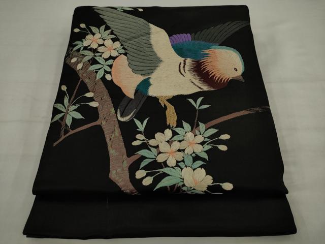 平和屋着物●アンティーク 大正ロマン 丸帯 引き抜き帯 総手刺繍 休み鳥 黒地 正絹 逸品 AABJ7104pf