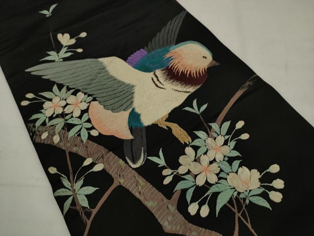 平和屋着物●アンティーク 大正ロマン 丸帯 引き抜き帯 総手刺繍 休み鳥 黒地 正絹 逸品 AABJ7104pf