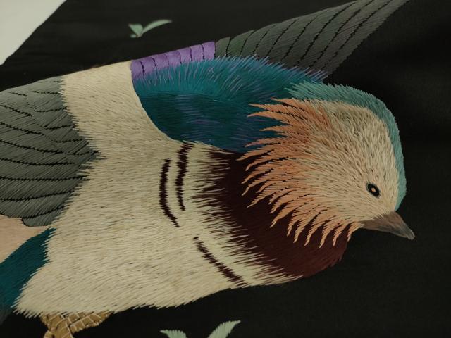 平和屋着物●アンティーク 大正ロマン 丸帯 引き抜き帯 総手刺繍 休み鳥 黒地 正絹 逸品 AABJ7104pf