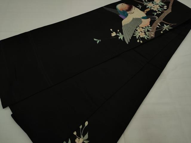 平和屋着物●アンティーク 大正ロマン 丸帯 引き抜き帯 総手刺繍 休み鳥 黒地 正絹 逸品 AABJ7104pf