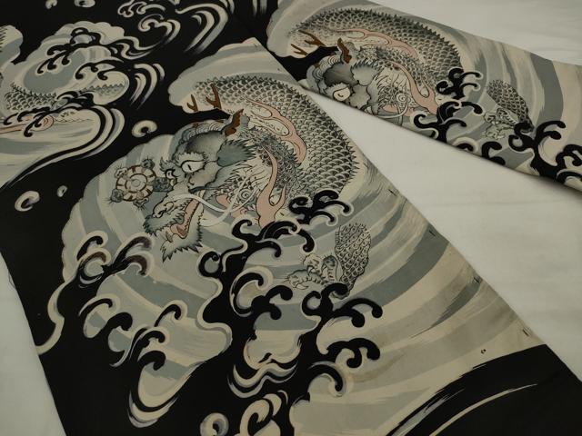 平和屋着物●アンティーク 大正ロマン 九寸名古屋帯 駒刺繍 龍 黒地 正絹 逸品 AABJ7105pf