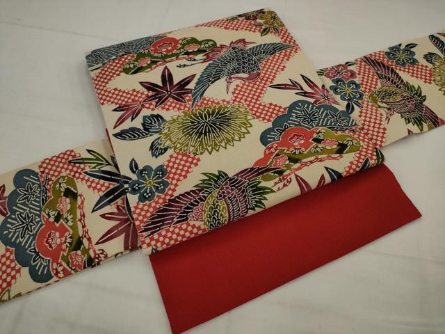 平和屋着物●銀座きしや つけ帯 紅型 花鳥文 鬼しぼ縮緬 たとう紙付き 正絹 逸品 AABJ7106pf