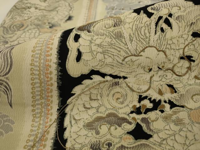 平和屋着物●アンティーク 大正ロマン 全通柄九寸名古屋帯 刺繍 龍 正絹 逸品 AABJ7107pf
