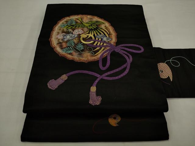平和屋着物●アンティーク 大正ロマン 九寸名古屋帯 総手刺繍 花鳥文 黒地 金銀糸 正絹 逸品 AABJ7110pf