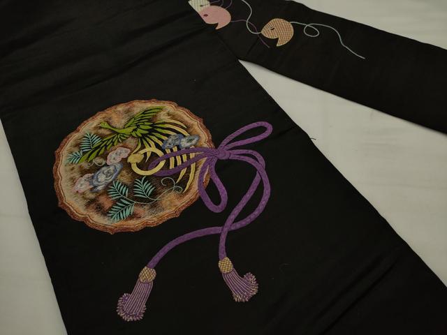 平和屋着物●アンティーク 大正ロマン 九寸名古屋帯 総手刺繍 花鳥文 黒地 金銀糸 正絹 逸品 AABJ7110pf