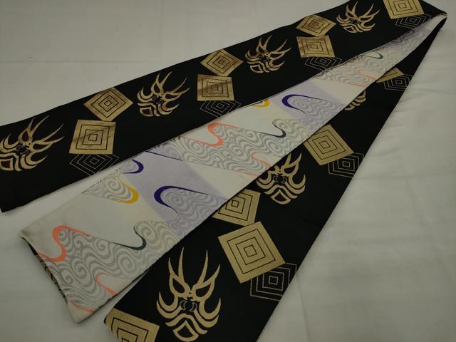 平和屋着物●両面半幅帯 隈取 黒地 金銀糸 正絹 逸品 AABJ7124pf