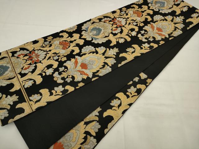 平和屋着物◎六通柄袋帯 更紗花文 黒地 金糸 正絹 逸品 AABJ7146pf