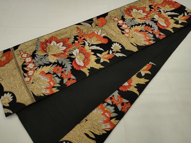 平和屋着物◎六通柄 京本袋帯 更紗花文 黒地 金糸 正絹 逸品 AABJ7147pf