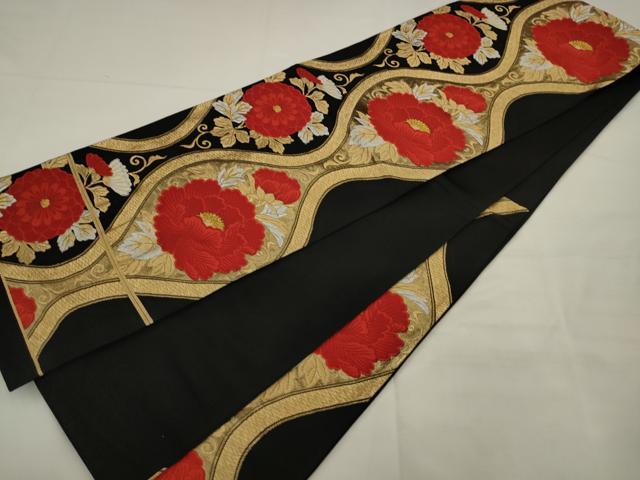 平和屋着物◎六通柄袋帯 唐織 立涌花文 黒地 金銀糸 正絹 逸品 AABJ7148pf