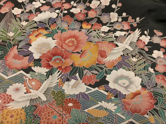 平和屋着物●豪華黒留袖 友禅 作家物 飛鶴草花文 仮絵羽 正絹 逸品 未使用 AABJ7191ph