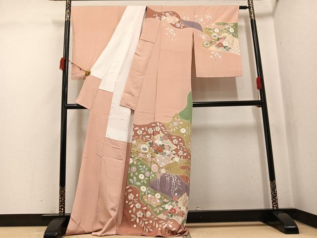 平和屋着物●訪問着 辻が花 駒刺繍 地紙草花文 金彩 正絹 逸品 AABJ7194ph