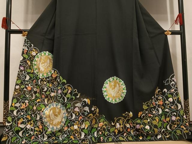 平和屋着物●豪華黒留袖 駒刺繍 花鳥唐草文 金彩 正絹 逸品 AABJ7200ph