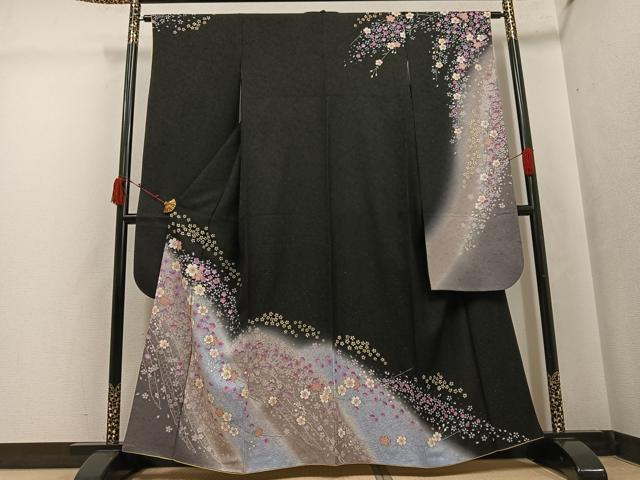 平和屋着物●豪華振袖 夜桜 暈し染め 黒地 金銀糸 金通し地 正絹 逸品 AABJ7201ph