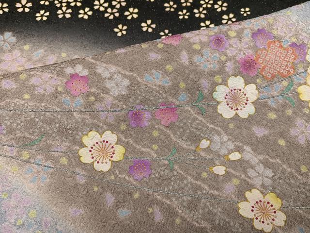 平和屋着物●豪華振袖 夜桜 暈し染め 黒地 金銀糸 金通し地 正絹 逸品 AABJ7201ph