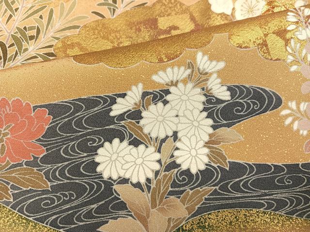 平和屋着物●色留訪問着 駒刺繍 草花文 松波 金彩 浜ちりめん 仮絵羽 正絹 逸品 未使用 AABJ7218ph