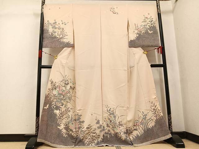 平和屋着物●訪問着 草花舞蝶文 金銀彩 浜ちりめん 仮絵羽 正絹 逸品 未使用 AABJ7256ph