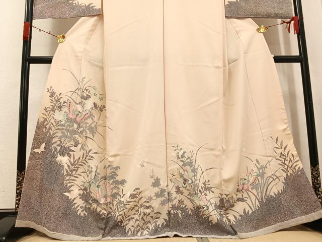 平和屋着物●訪問着 草花舞蝶文 金銀彩 浜ちりめん 仮絵羽 正絹 逸品 未使用 AABJ7256ph