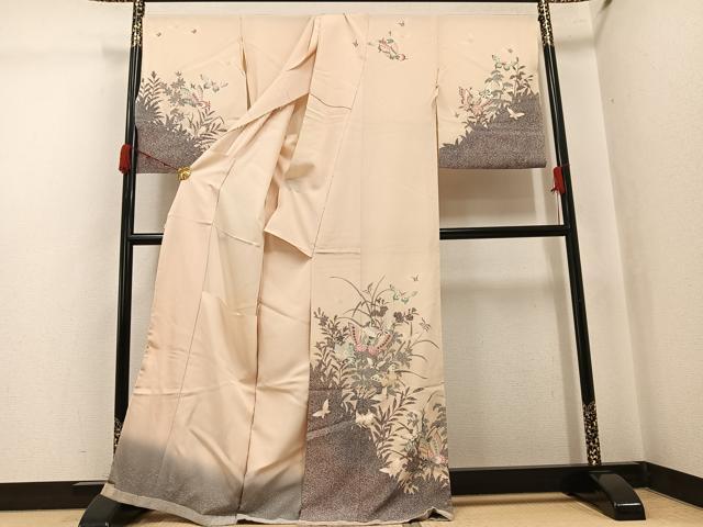 平和屋着物●訪問着 草花舞蝶文 金銀彩 浜ちりめん 仮絵羽 正絹 逸品 未使用 AABJ7256ph