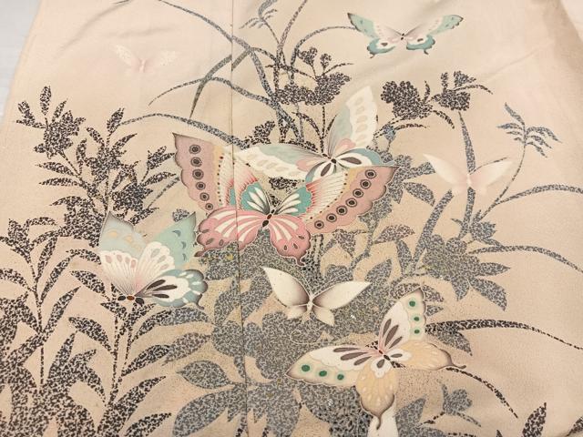 平和屋着物●訪問着 草花舞蝶文 金銀彩 浜ちりめん 仮絵羽 正絹 逸品 未使用 AABJ7256ph