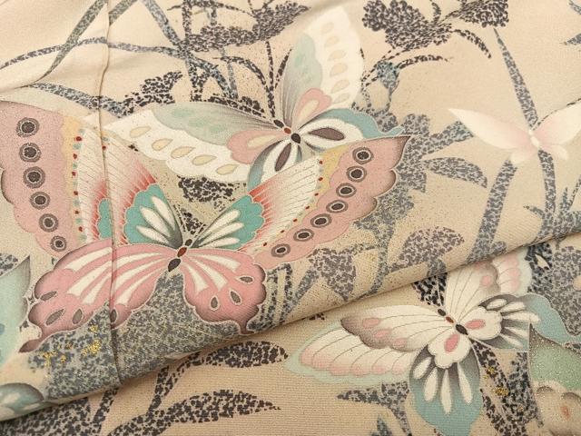 平和屋着物●訪問着 草花舞蝶文 金銀彩 浜ちりめん 仮絵羽 正絹 逸品 未使用 AABJ7256ph