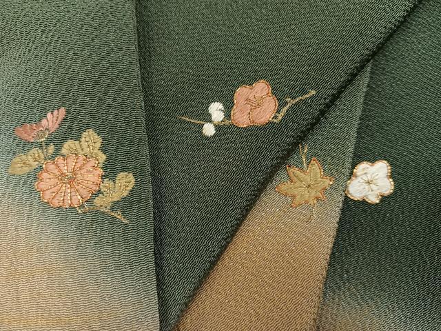 平和屋着物●色留訪問着 駒刺繍 草花文 暈し染め 金彩 鬼しぼ縮緬 正絹 逸品 AABJ7279ph