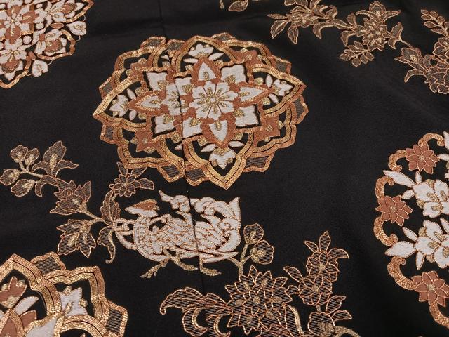平和屋着物●豪華黒留袖 駒刺繍 花鳥文 金糸 松寿ちりめん 仮絵羽 正絹 逸品 未使用 AABJ7308ph