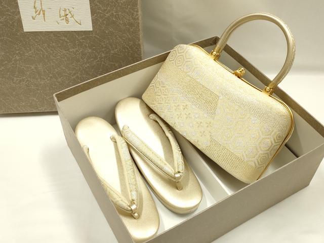平和屋着物●和装小物 和装バッグ・草履セット 紗織 ハンドバッグ 佐賀錦 吉祥模様 金銀糸 Lサイズ 逸品 AABJ7334ay