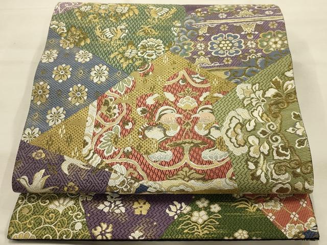 平和屋着物●全通柄袋帯 唐織 裂取花鳥文 冊子付 正絹 逸品 未使用 AABJ7472sx