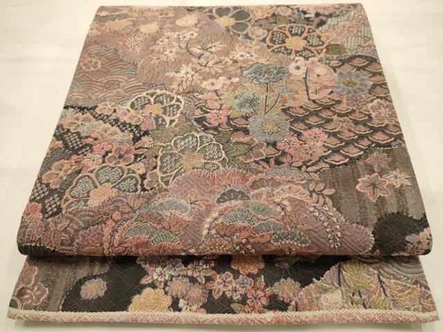 平和屋着物●山岡古都・古都染人 染織美術品 薬墨染 天目織 お召 全通柄袋帯 草花文 正絹 逸品 AABJ7475sx