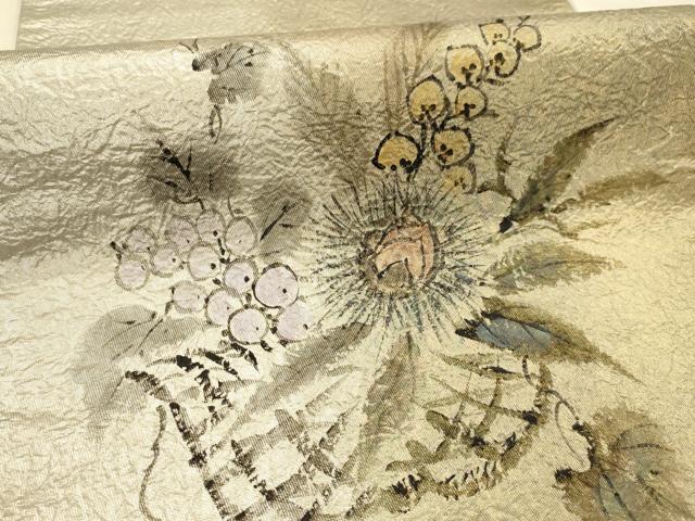 平和屋着物●友禅作家 高橋り明 太鼓柄袋帯 手描き 葡萄 栗 正絹 逸品 AABJ7479sx