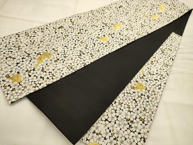 平和屋着物●六通柄袋帯 唐織 舞桜文 黒地 金糸 正絹 逸品 AABJ7489sx