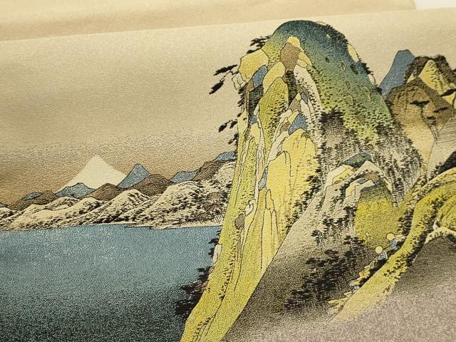 平和屋着物●西陣 とみや織物謹製 とみや帯 太鼓柄袋帯 点描織 広重画 箱根湖水図 上代58万 反端付き 正絹 逸品 AABJ7492sx