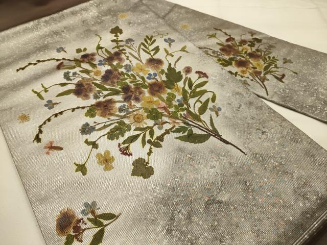 平和屋着物●九寸名古屋帯 花香織 押し花 草花文 引箔 やまと誂製 逸品 AABJ7494sx