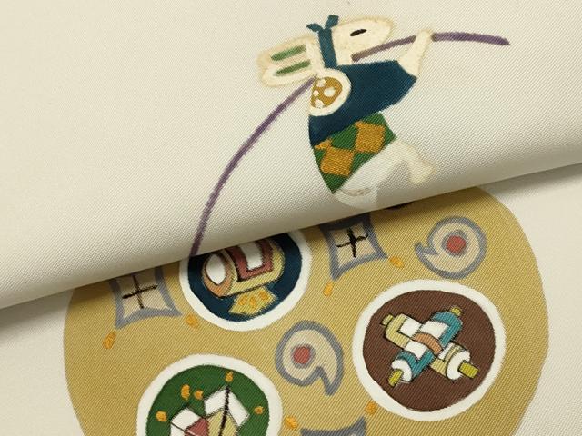 平和屋着物●塩瀬 九寸名古屋帯 作家物 手描き 兎 宝尽くし 正絹 逸品 AABJ7496sx