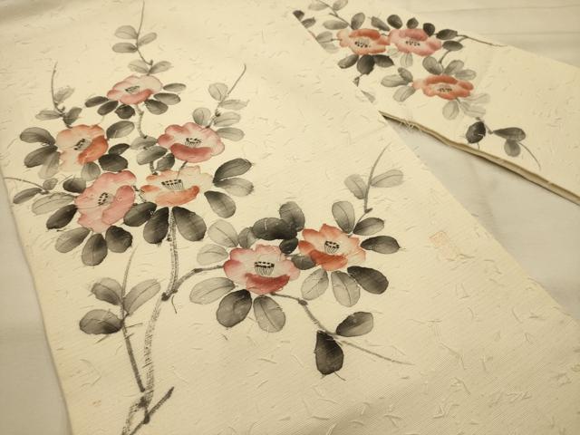 平和屋着物●九寸名古屋帯 作家物 手描き ひげ紬 椿 正絹 逸品 AABJ7499sx