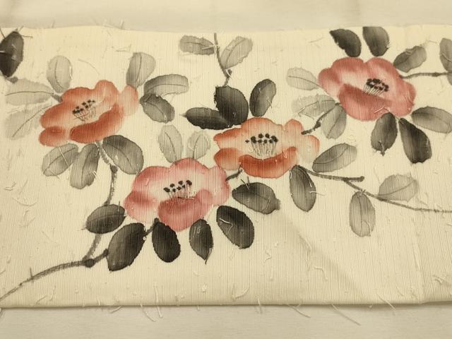平和屋着物●九寸名古屋帯 作家物 手描き ひげ紬 椿 正絹 逸品 AABJ7499sx