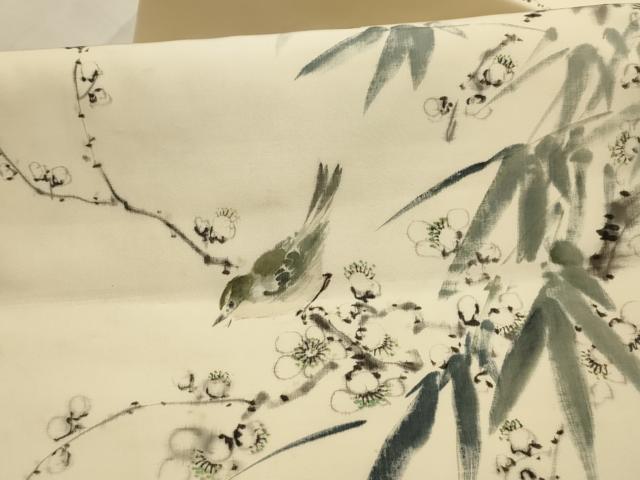 平和屋着物●九寸名古屋帯 作家物 手描き 花鳥文 正絹 逸品 AABJ7500sx