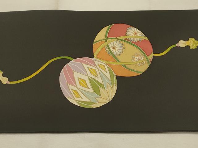 平和屋着物●塩瀬 九寸名古屋帯 鞠 黒地 金彩 正絹 逸品 AABJ7501sx