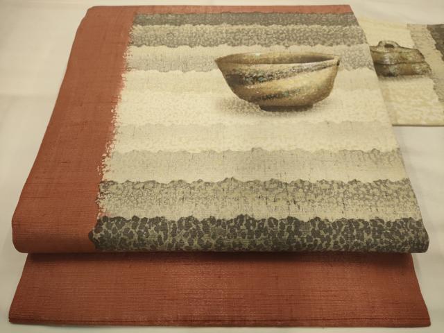 平和屋着物●九寸名古屋帯 作家物 紬地 陶器文 銀通し地 正絹 逸品 AABJ7502sx