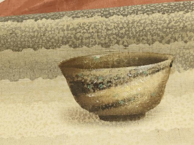 平和屋着物●九寸名古屋帯 作家物 紬地 陶器文 銀通し地 正絹 逸品 AABJ7502sx