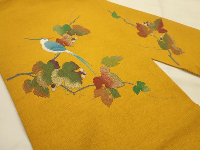 平和屋着物●九寸名古屋帯 総刺繍 葡萄蔦の葉文 休み鳥 金銀糸 正絹 逸品 AABJ7503sx