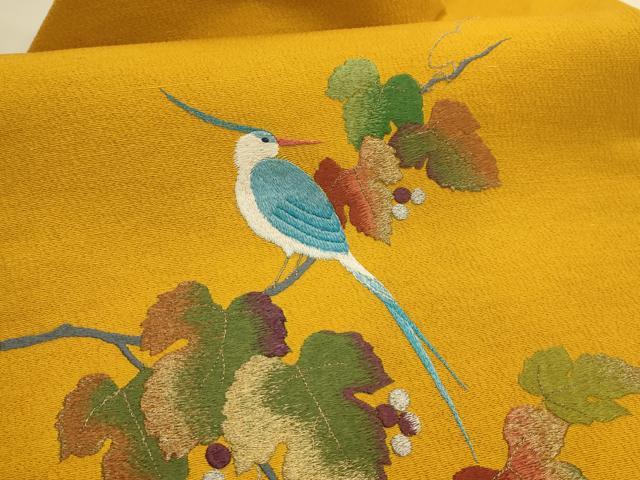 平和屋着物●九寸名古屋帯 総刺繍 葡萄蔦の葉文 休み鳥 金銀糸 正絹 逸品 AABJ7503sx