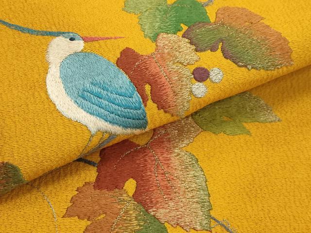 平和屋着物●九寸名古屋帯 総刺繍 葡萄蔦の葉文 休み鳥 金銀糸 正絹 逸品 AABJ7503sx