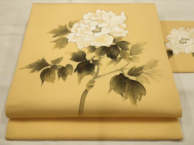 平和屋着物●塩瀬 九寸名古屋帯 作家物 手描き 枝花文 金彩 正絹 逸品 AABJ7504sx
